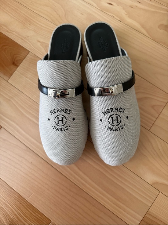 Hermes Shoes - Hermes Beige Canvas Mules with Black Strap and Silver Hardware
